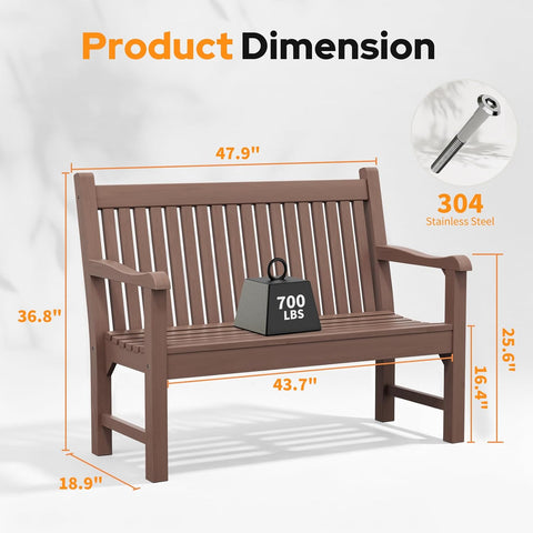 Psilvam 2-Person Outdoor Bench with 700 Lbs Weight Capacity, Brown