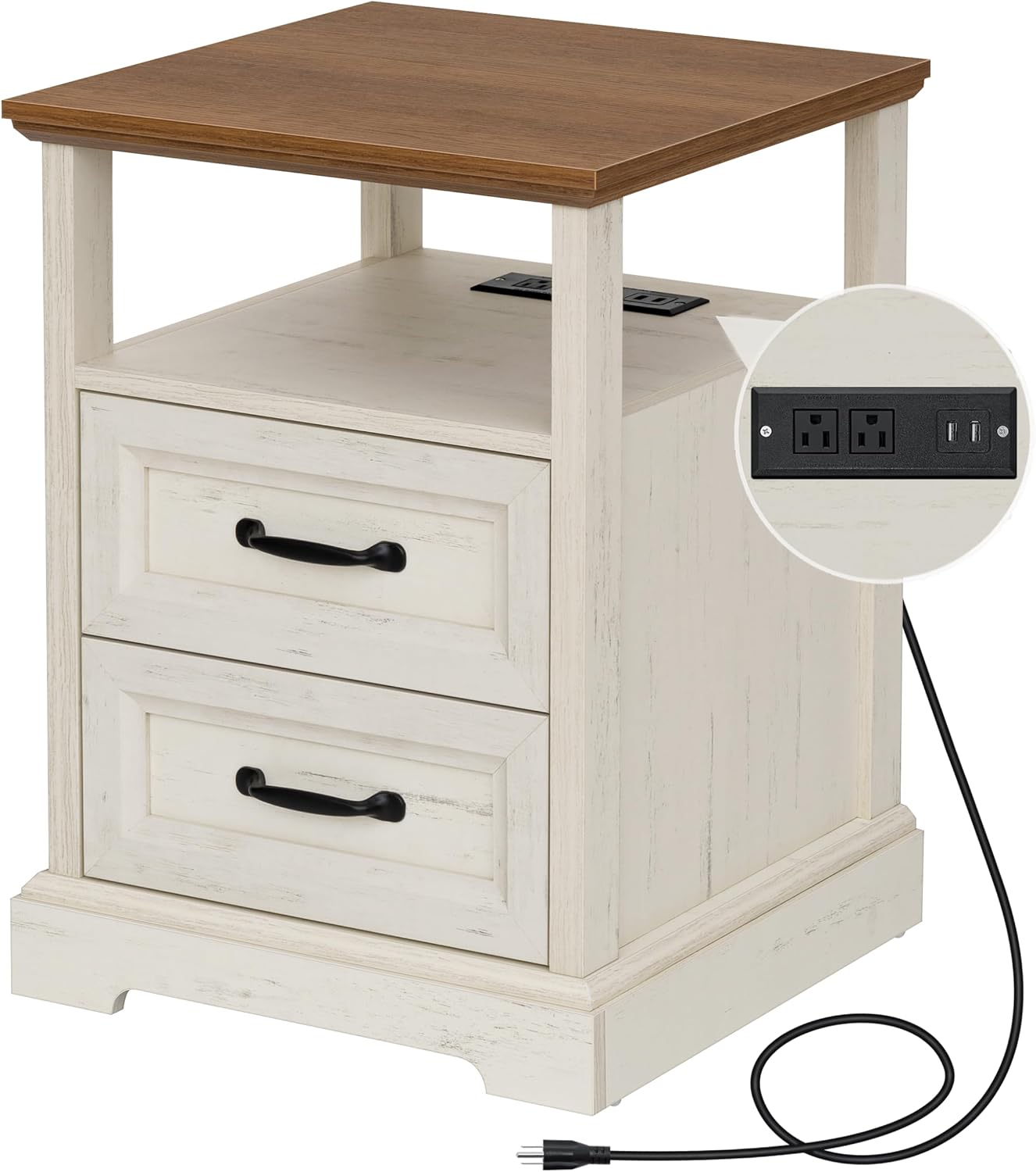 HOMMPA 18'' W Farmhouse Nightstand with Charging Station, Bedside Tables with Open Shelf, 2 Drawers End Table Dresser Side Table, Wood Night Stand for Bedroom, Rustic White