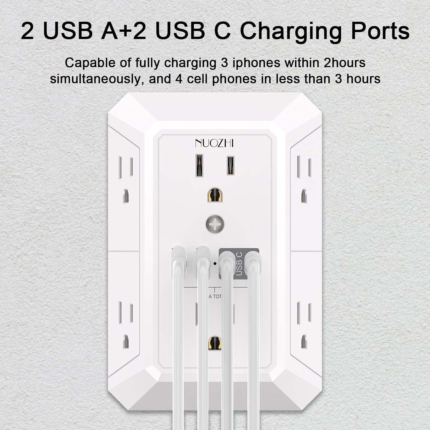 Outlet Extender Surge Protector - NUOZHI 6 Outlet Splitter with 4 USB Ports(2 USB-C), Multi Plug Wall Outlet 1680J Power Strip for Home Office Dorm Room Essentials, ETL, White