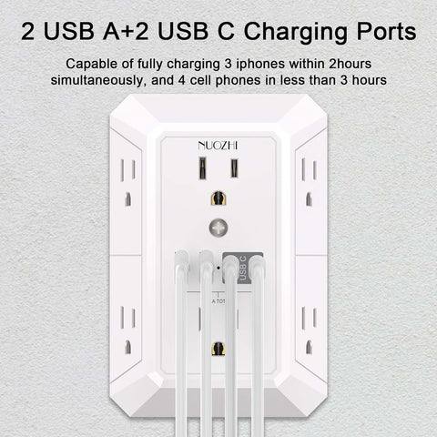 Outlet Extender Surge Protector - NUOZHI 6 Outlet Splitter with 4 USB Ports(2 USB-C), Multi Plug Wall Outlet 1680J Power Strip for Home Office Dorm Room Essentials, ETL, White