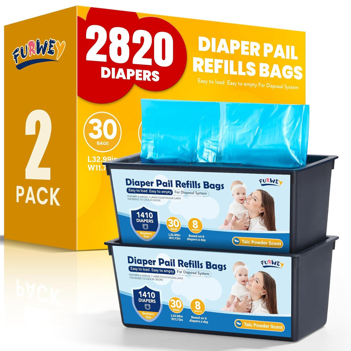 FURWEY Diaper Pail Refill Bags, 2-Pack (60 Bags), 30 Bags Per Refill