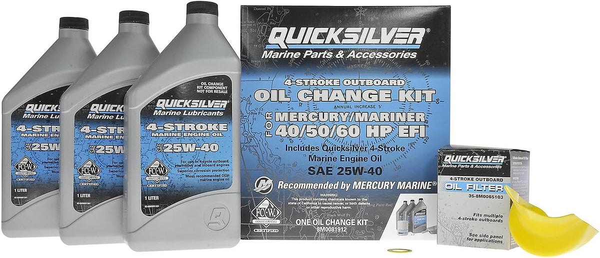 Quicksilver 4-Stroke Oil Change Kit – for Mercury Outboard Engines – 15, 20, 25, 30, 40, 50, 60, 75, 90, 115, 150, 175, 200, 225, 250, 300, 350, 400 HP