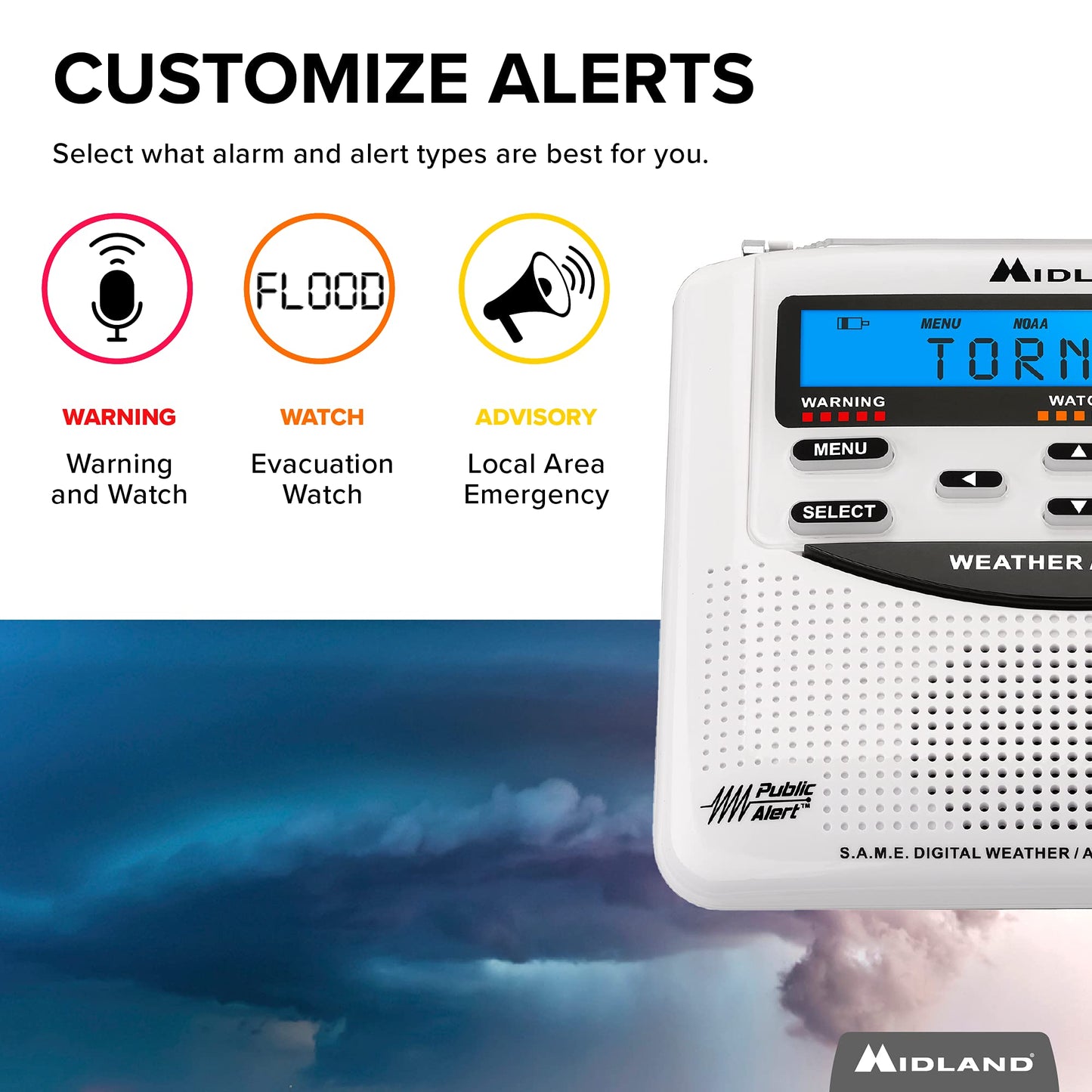 Midland - WR120B - NOAA Emergency Weather Alert Radio - S.A.M.E. Localized Programming, Trilingual Display, 60+ Emergency Alerts, & Alarm Clock (WR120B - Box Packaging)