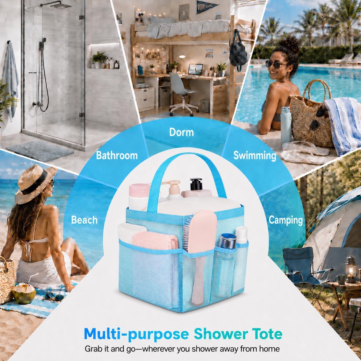 Mesh Shower Caddy Portable - 9 Pockets for College Dorm Room Essential