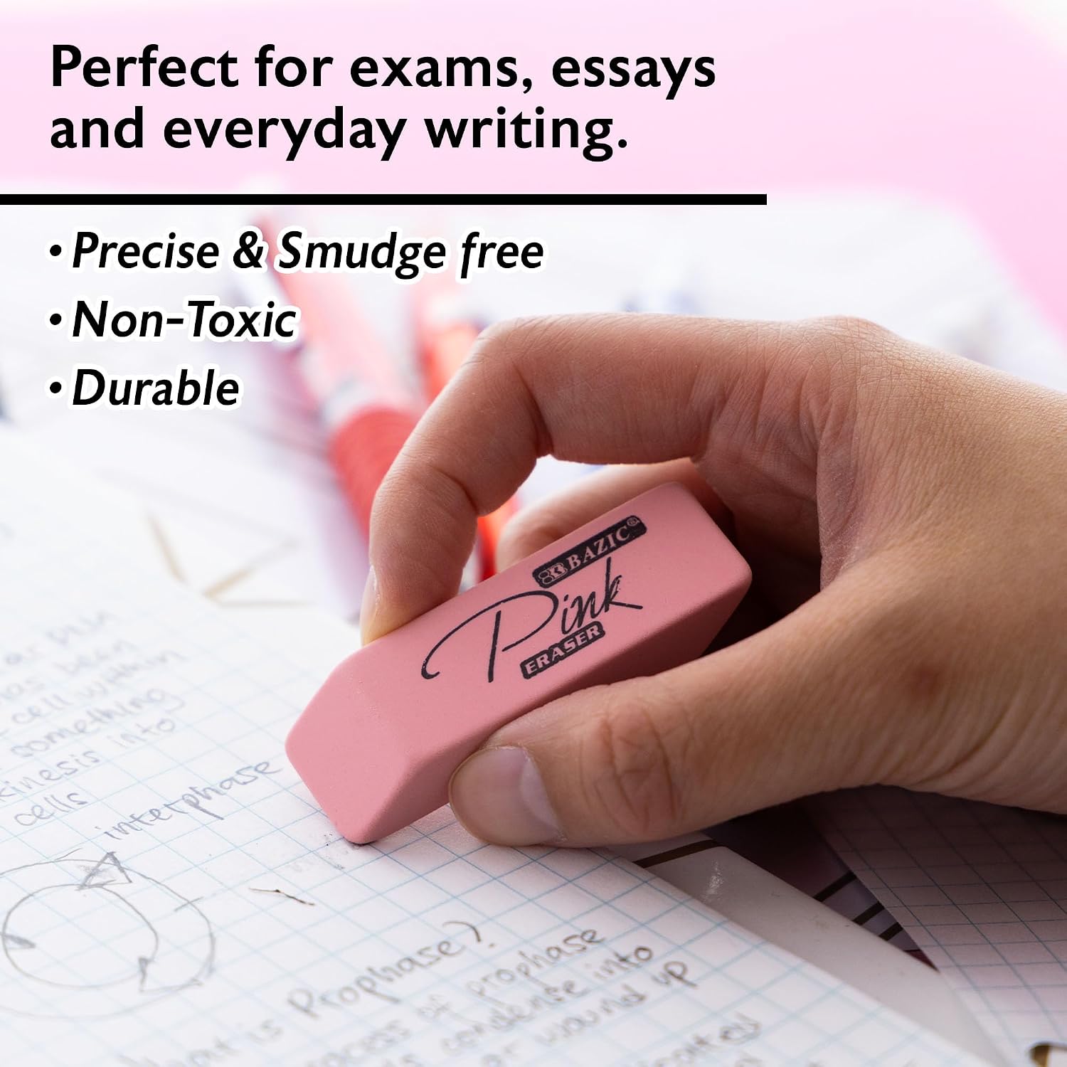 BAZIC Products Pink Bevel Block Erasers, Latex-Free, PVC-Free, 24-Box