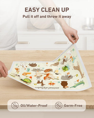 Babebay Disposable Stick-On Placemats for Baby, 60 Pack, 3 Animal Designs