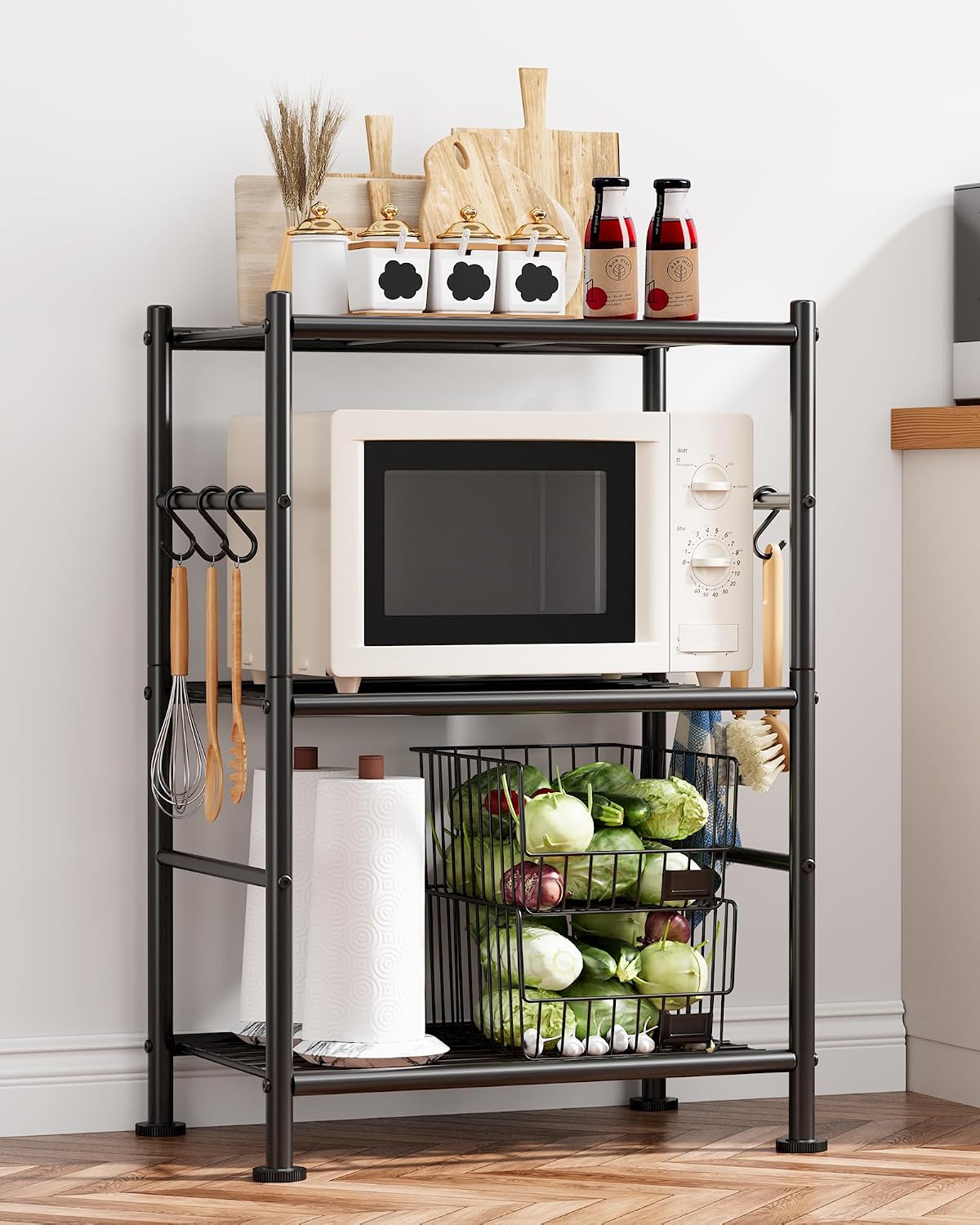 Sakugi Storage Shelves - 3-Tier Large Capacity Shelf Organizer with Hooks, Heavy-Duty Garage Shelving with Leveling Feet, Wobble-Free Rack for Bedroom, Balcony, Garage, 18.1"×12.4"×29.4", Black