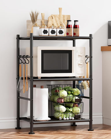 Sakugi Storage Shelves - 3-Tier Large Capacity Shelf Organizer with Hooks, Heavy-Duty Garage Shelving with Leveling Feet, Wobble-Free Rack for Bedroom, Balcony, Garage, 18.1"×12.4"×29.4", Black