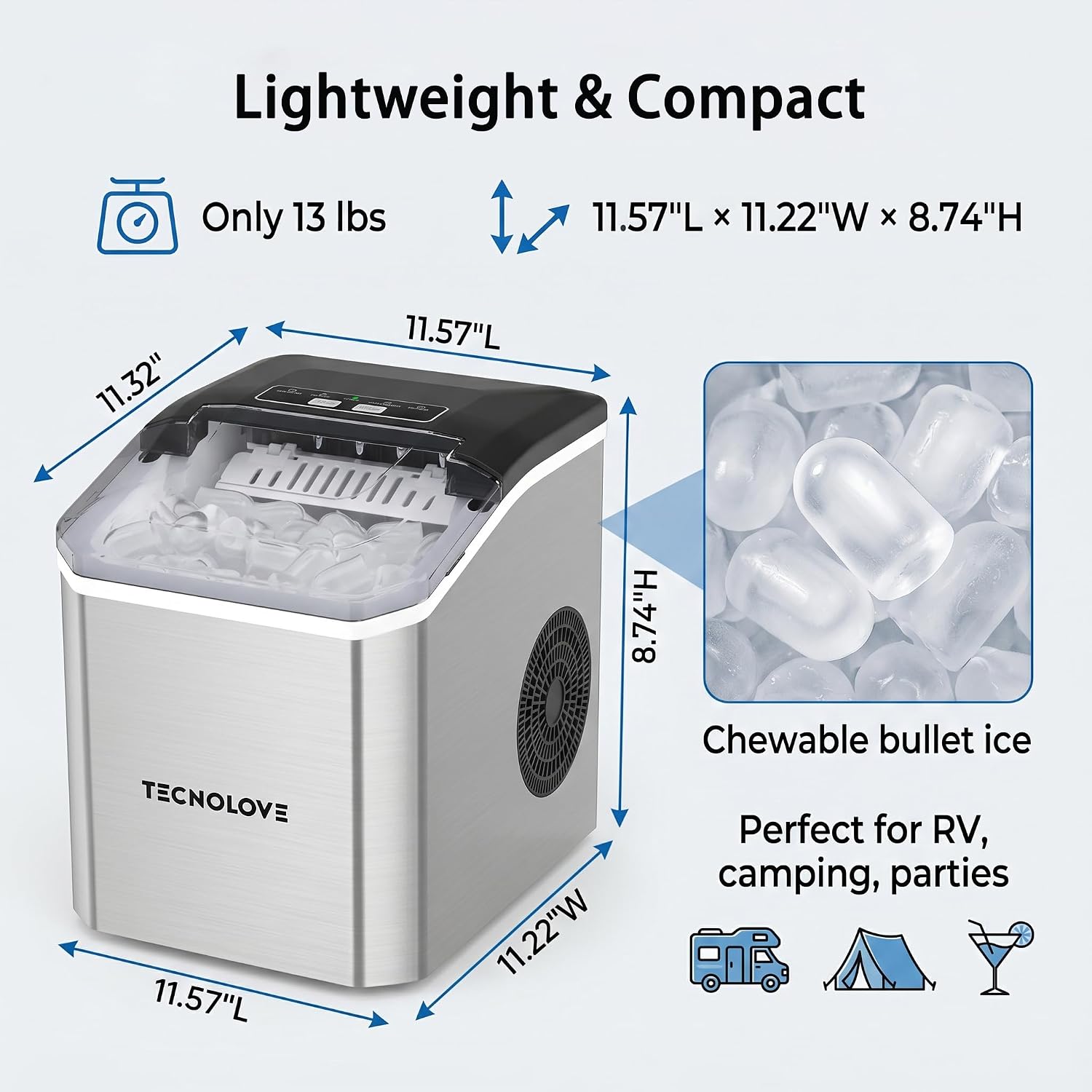 Countertop Ice Maker, 9 Ice Cubes in 10 Minutes, Self-Cleaning Portable Ice Machine with Scoop and Basket, 28lbs/24H, Ultra Quiet Stainless Steel for Home Kitchen Bar Party