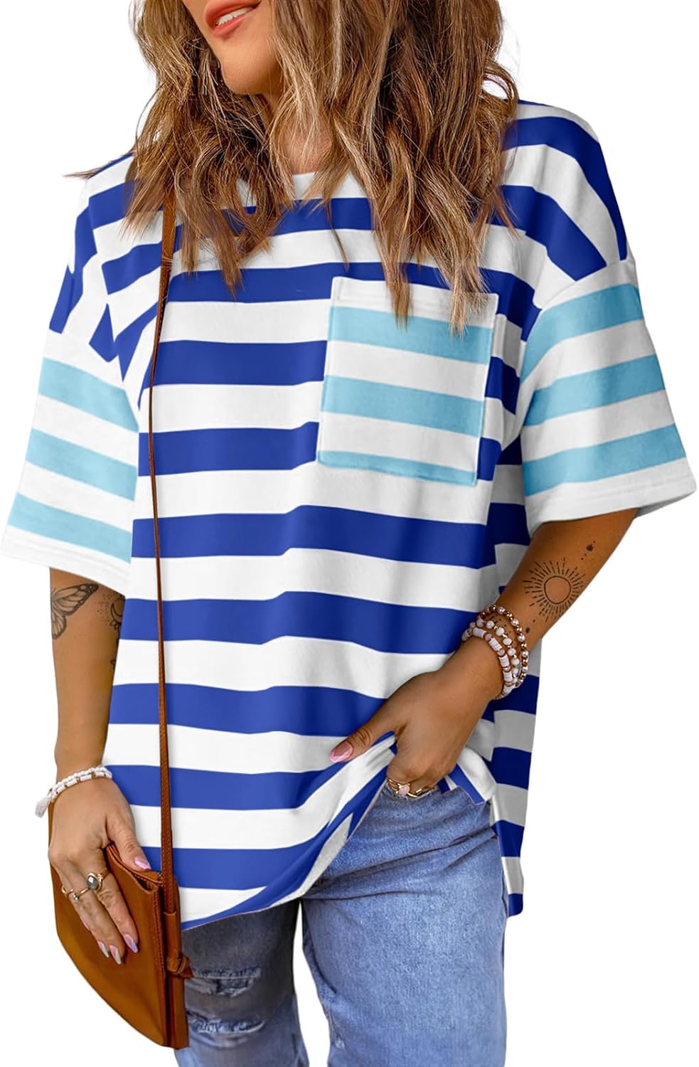 Tankaneo Women Oversized Striped T-Shirts Summer Color Block Teacher Shirts