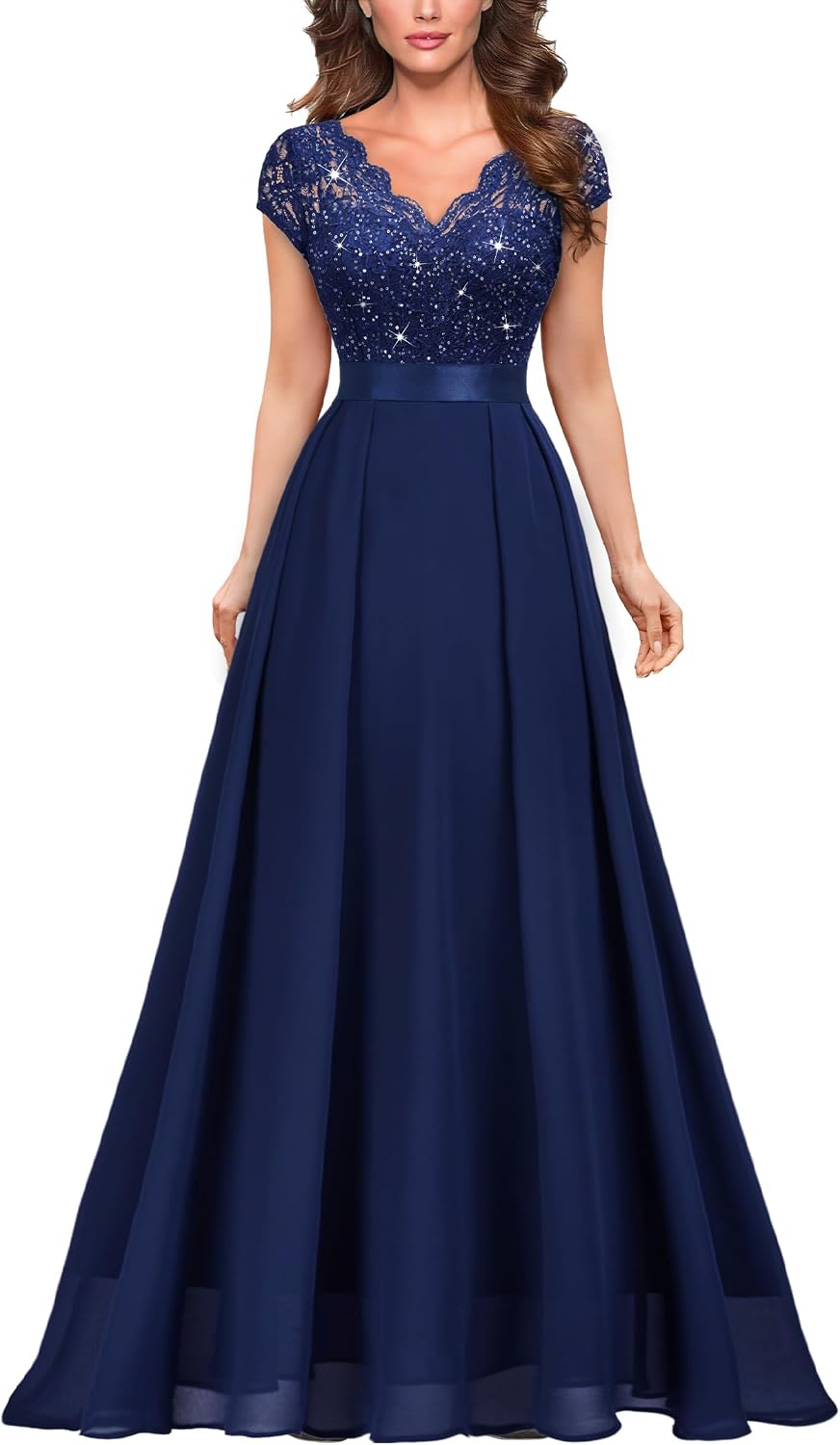 Miusol Women's V-Neck Sequined Floral Lace Formal Evening Maxi Dress