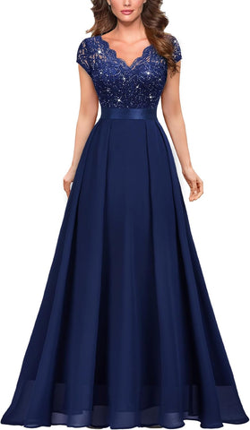 Miusol Women's V-Neck Sequined Floral Lace Formal Evening Maxi Dress