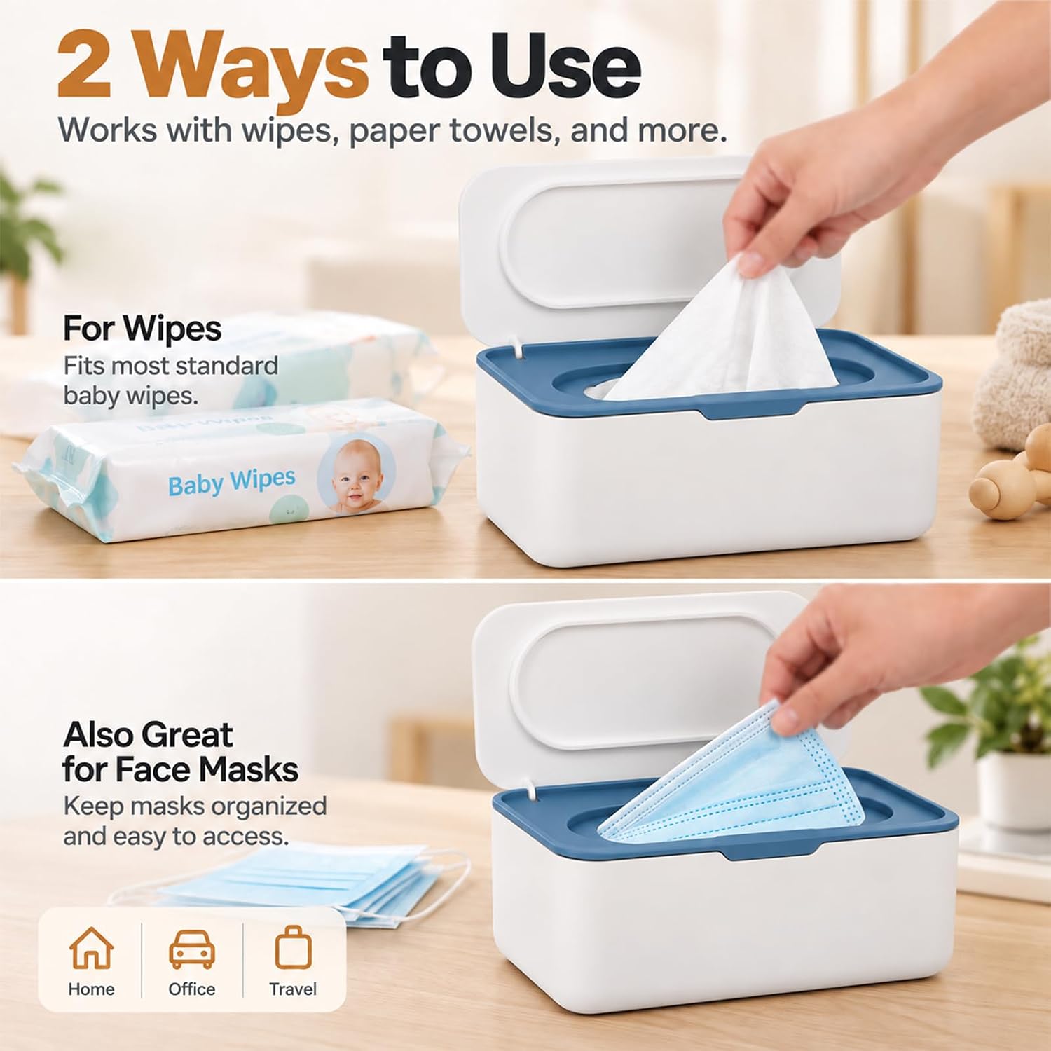 Wipes Dispenser, Wipe Holder for Baby & Adult, Seposeve Refillable Wipe Container, Keeps Wipes Fresh, One-Handed Operation. Non-Slip, Easy Open/Close Wipes Pouch Case, Blue