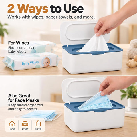 Wipes Dispenser, Wipe Holder for Baby & Adult, Seposeve Refillable Wipe Container, Keeps Wipes Fresh, One-Handed Operation. Non-Slip, Easy Open/Close Wipes Pouch Case, Blue