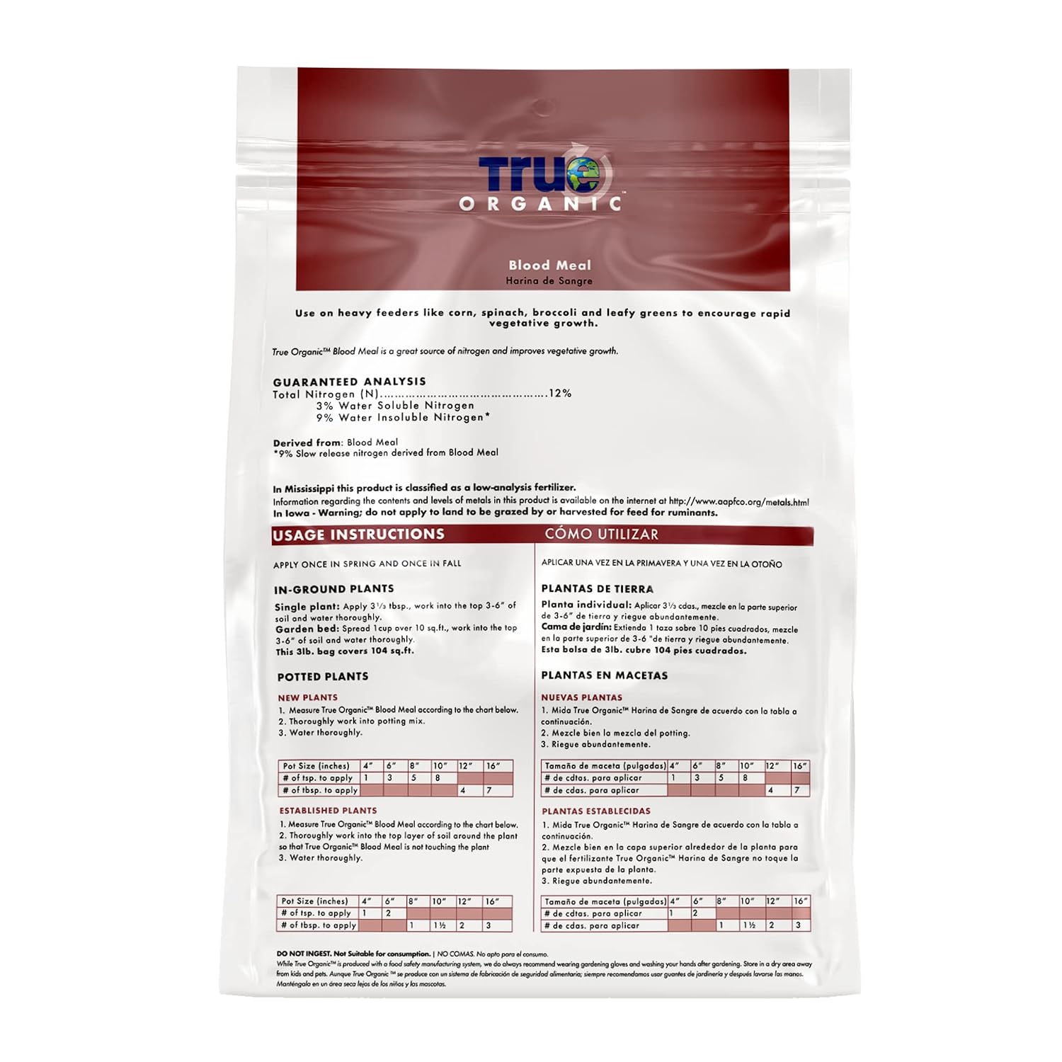 True Organic Blood Meal – High-Nitrogen Organic Fertilizer for Rapid Vegetative Growth – 3lb Bag Covers 104 Sq. Ft.