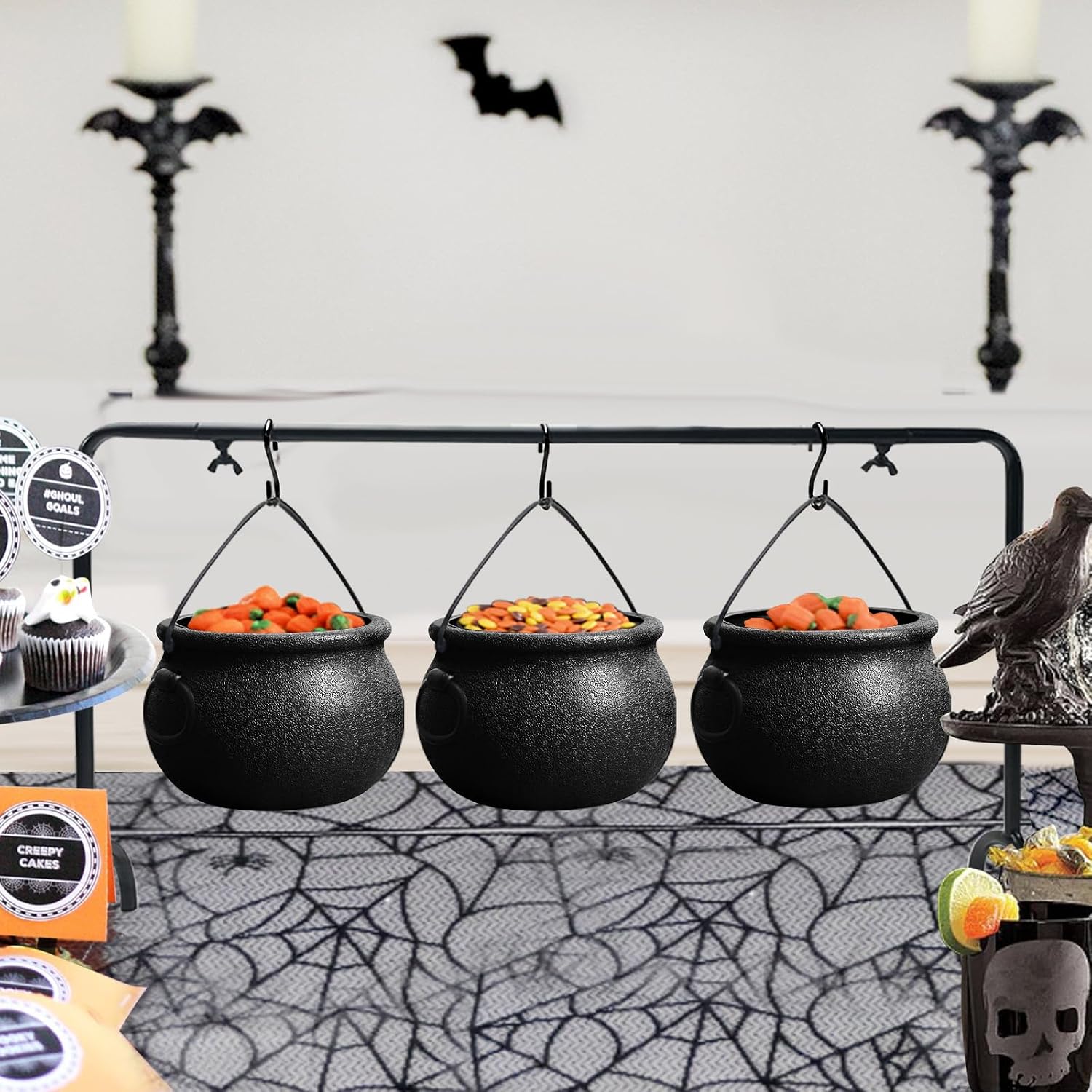 Halloween Decorations Indoor, 3 Pack Witches Cauldron Serving Bowls on Rack