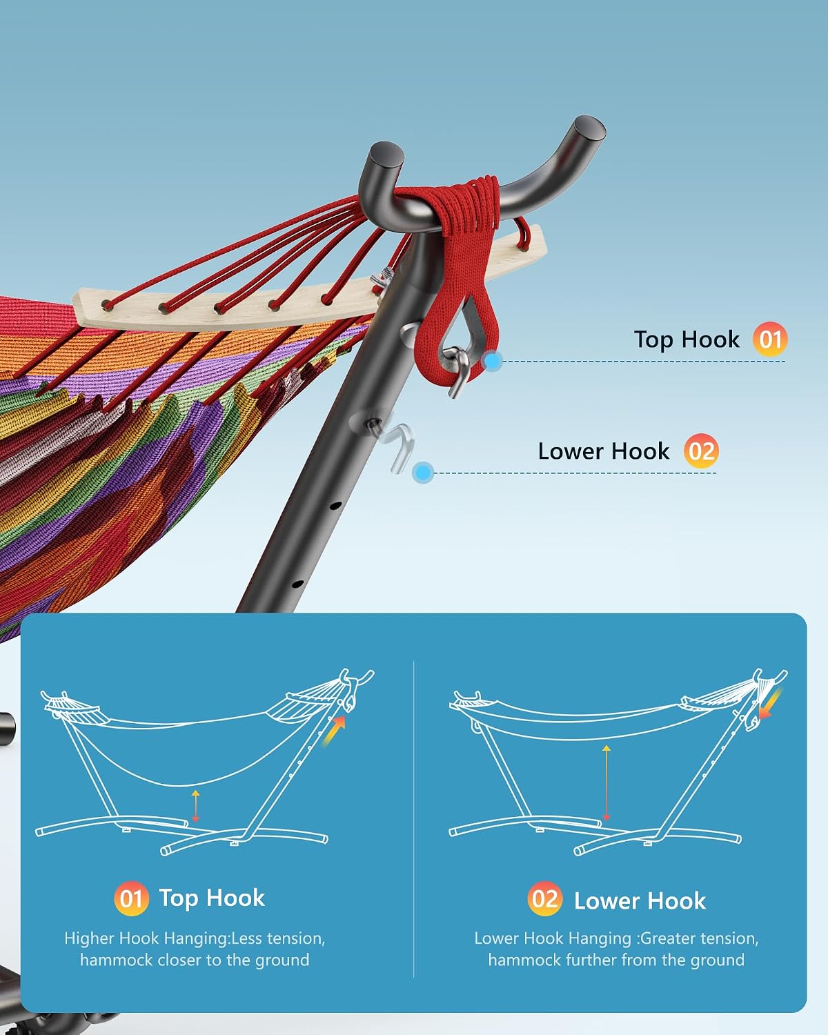 Everyfun Double Hammock with Stand for 2 Person, 600 lb Capacity, Rainbow