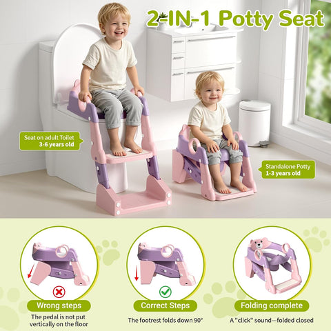 COOSEYA 2-in-1 Potty Training Seat & Potty Chair, Toddler Toilet Seat with Step Stool Ladder, Height Adjustable Foldable Potty Training Toilet for Kids Boys Girls with Splash Guard & Anti-Slip Steps