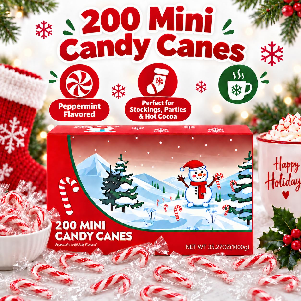 Red and White Peppermint Flavor Mini Candy Canes 1-200 Count Box
