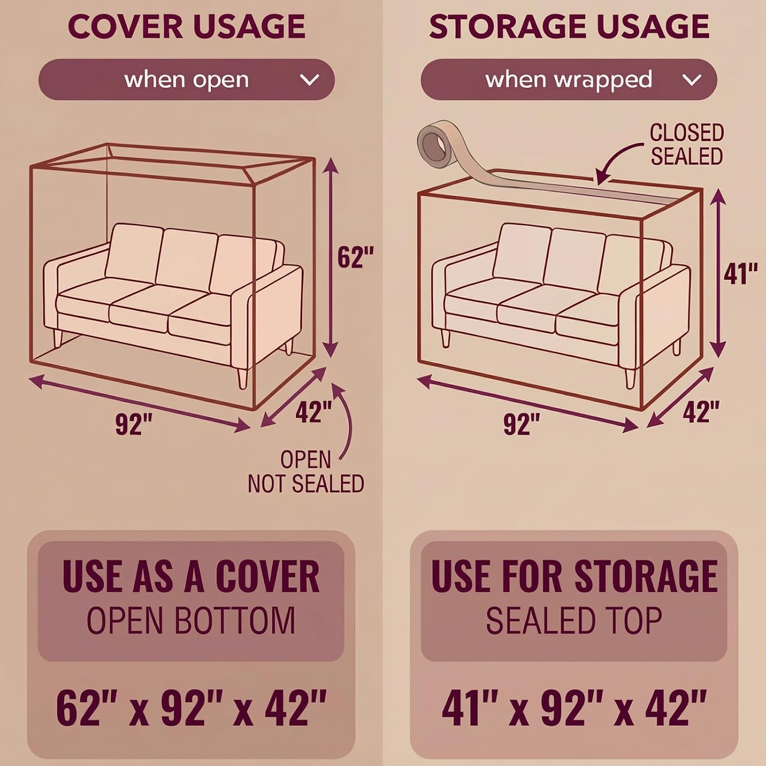 Wowfit 4mil Couch Cover for Moving, Clear Sofa Storage Bag, 92Wx42Dx62/41H