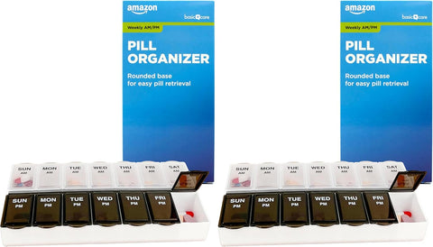 Amazon Basic Care 7-Day AM/PM Pill Organizer, Vitamin Case and Medicine Box with Large Compartments, 2 Times a Day, Black and Clear Lids (Pack of 2)