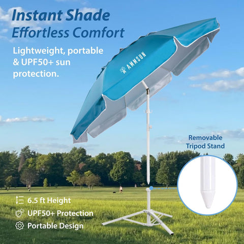AMMSUN Shade Umbrella, Premium Portable Umbrella with Stand, 6.5ft Lightweight Free Standing Canopy for Sporting Games, Adjustable Instant Sun Protection and Easy to Carry, Light Blue