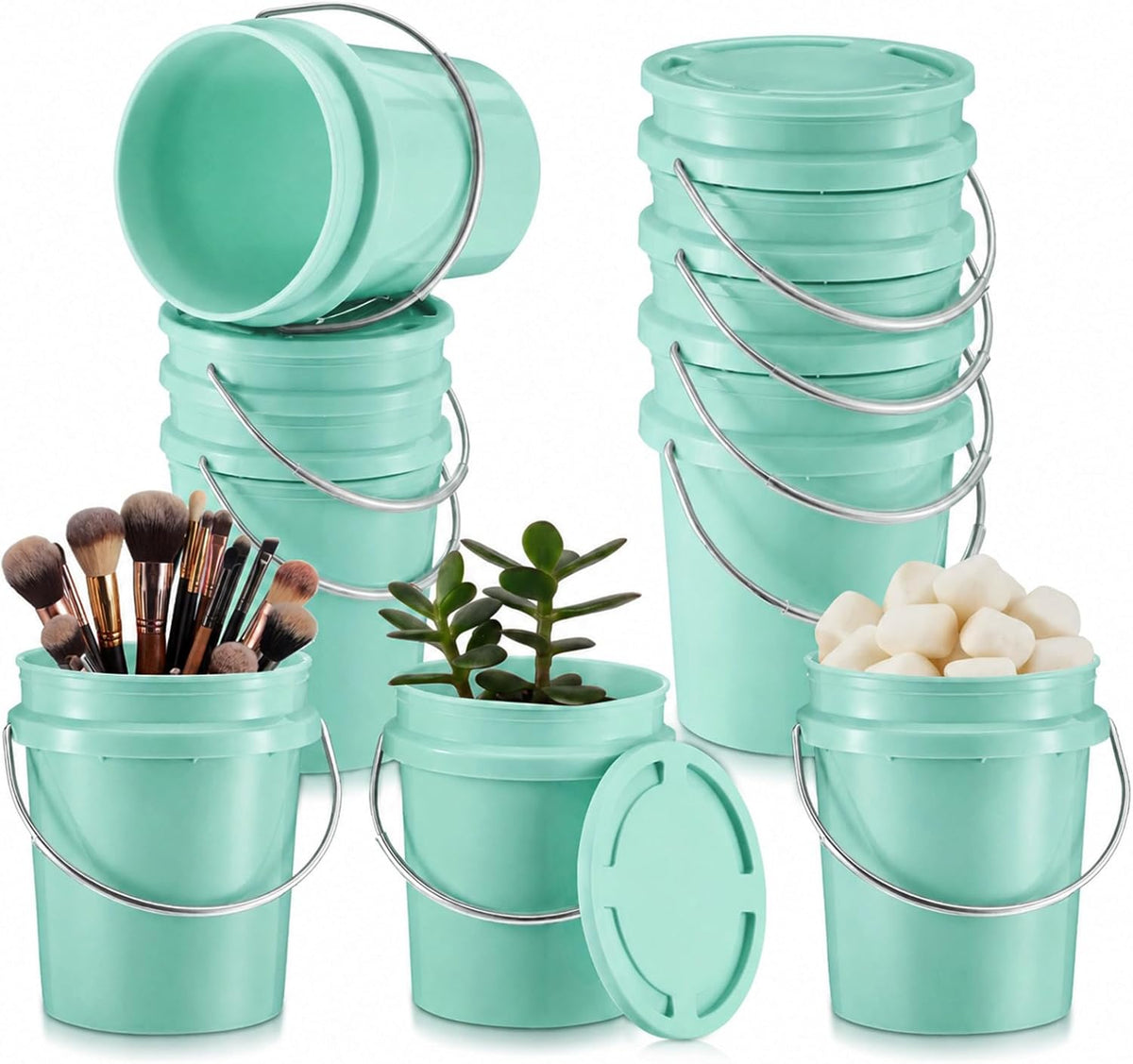 Hushee 6 Pcs Mini Plastic Buckets with Lids, 0.4 Quart, Teal