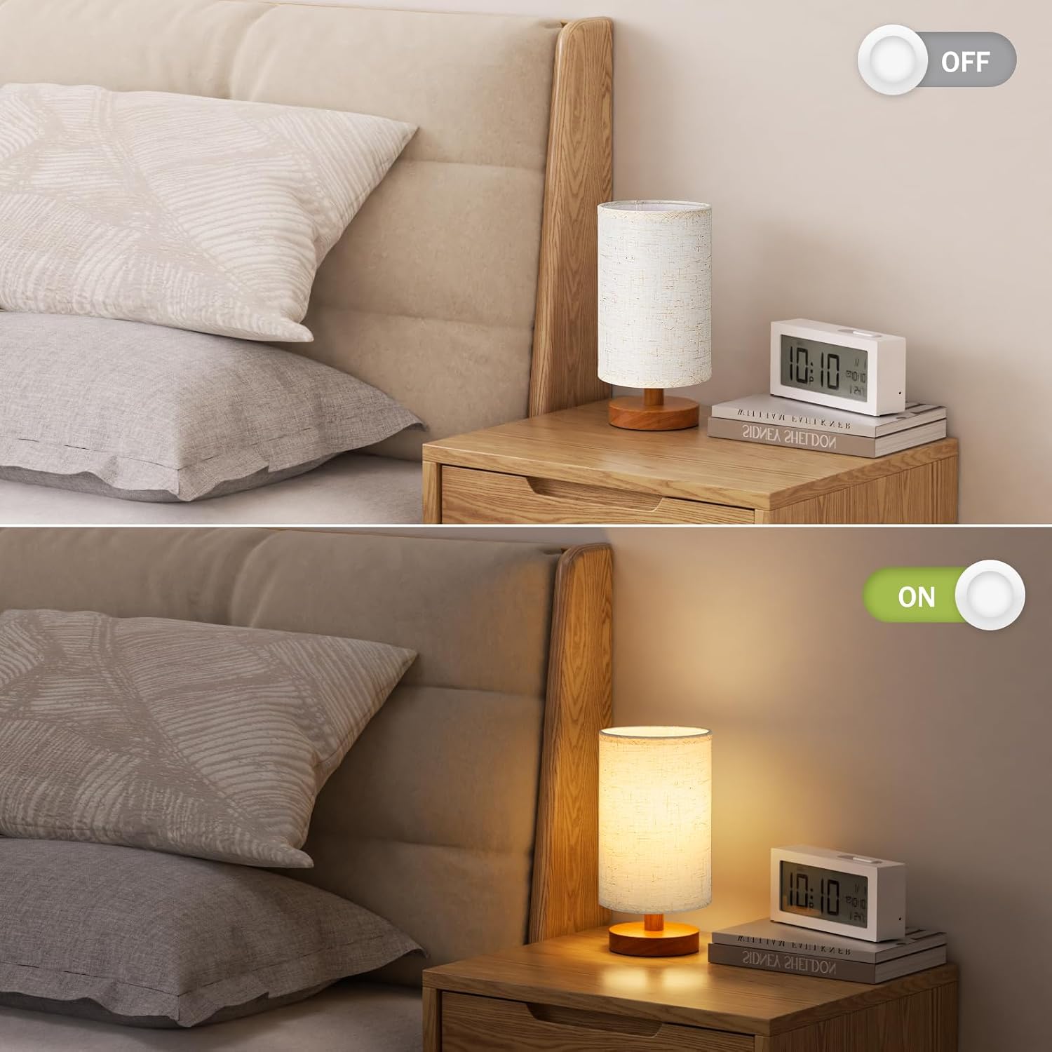 Fenmzee 8.5" Small Lamp for Bedroom - Light Beige Shade & Walnut Base
