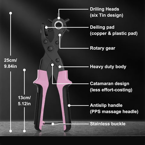Diyife Leather Hole Puncher, Revolving Punch Plier, 6 Size Adjustment, Pink