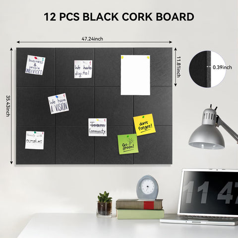 CAMXTOOL Large Cork Board Wall, 47"x35" 12 Pack Bulletin Boards Felt Wall Tiles with Self-Adhesive, Black Vision Board Alternative Pin Board with Push Pins for Office Home Decro
