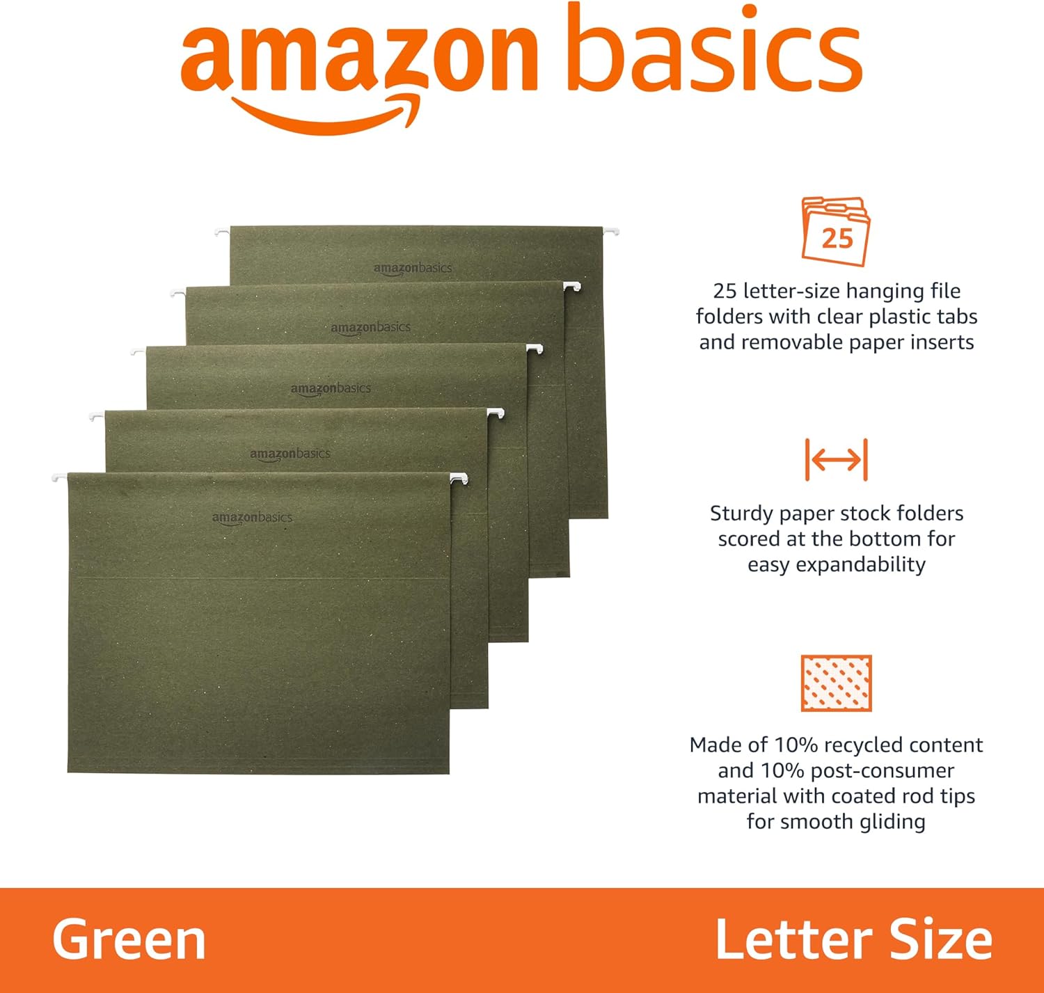 Amazon Basics Hanging File Folders with Adjustable Tabs, Sturdy Expandable Document Organizer, Letter Size 8.5x11 inch, Green, 25-Pack