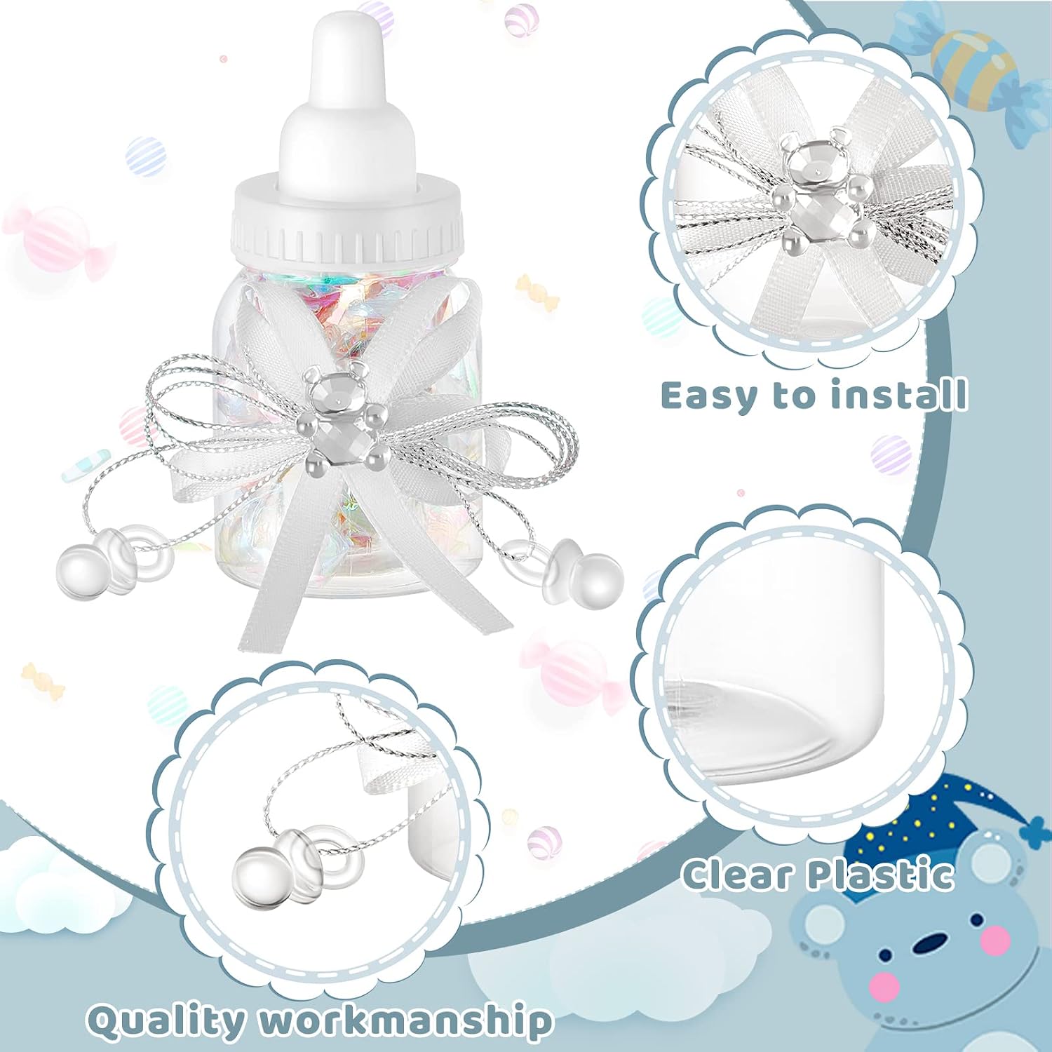 Nuenen 48 Pcs Baby Shower Milk Bottles with Ribbon Plastic Bear Candy Bottles Baby Shower Favors Gender Reveal Wedding Birthday Party Decorations(White)