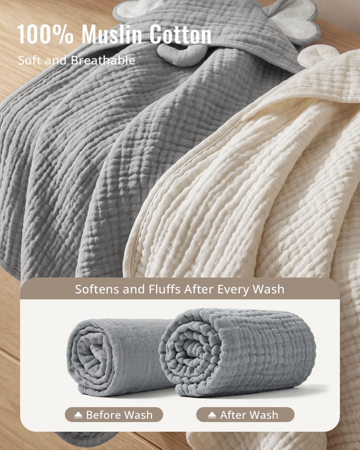Blissful Diary Muslin Baby Hooded Towel 2 Pack, Soft & Absorbent Bath Towel for Infant, Toddler, Unisex, Baby Gift, Newborn Essentials, Gray Elephant & Beige Bear