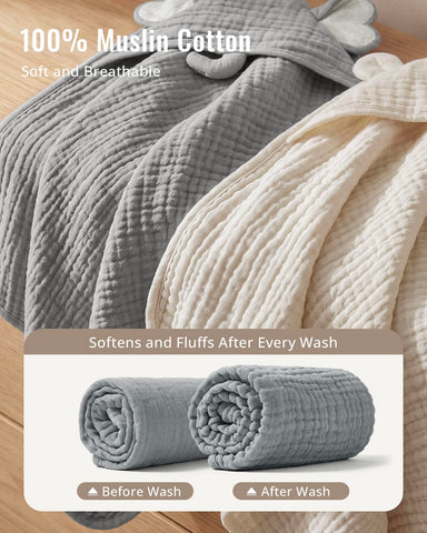 Blissful Diary Muslin Baby Hooded Towel 2 Pack, Soft & Absorbent Bath Towel for Infant, Toddler, Unisex, Baby Gift, Newborn Essentials, Gray Elephant & Beige Bear