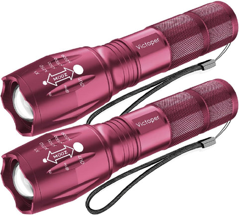 Victoper LED Flashlight 2 Pack Pink, Bright Tactical Torch High Lumens 5 Modes, Waterproof Zoomable Flash Light for Outdoor, Birthday Gifts for Men, Dorm Room Hiking Camping Essentials Gear for Guys