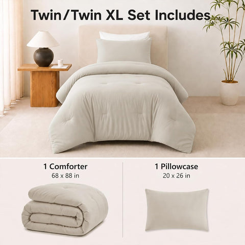 CozyLux Twin Comforter Set, 2 Pieces Down Alternative Bedding, Beige