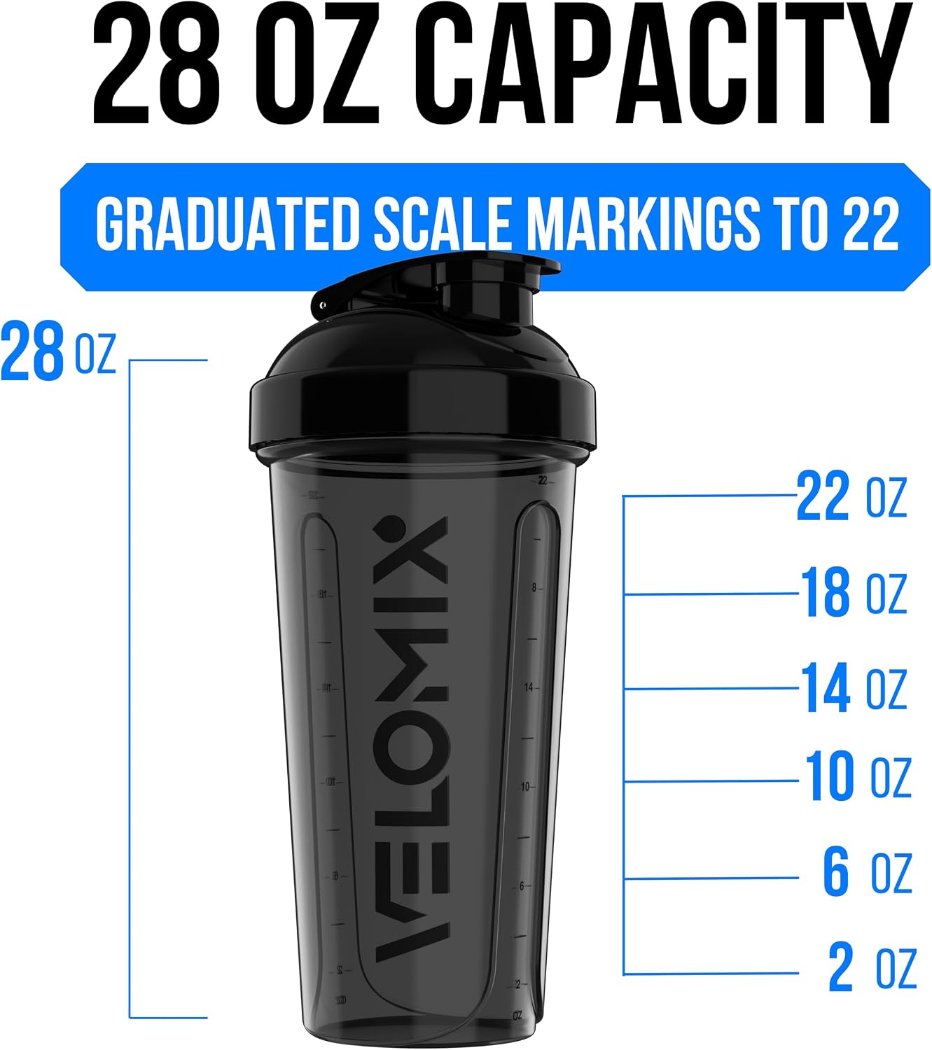 VELOMIX 2 Pack 28oz Protein Shaker Bottle for Protein Mixes, Black/Transpar