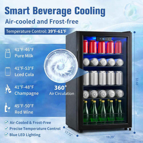 3.2 Cu.ft Beverage Refrigerator, 130 Can Wine Soda Beer Fridge with Glass Door and Digital Temperature Control, Undercounter Drink Cooler for Office Home Bedroom Dorm Bar