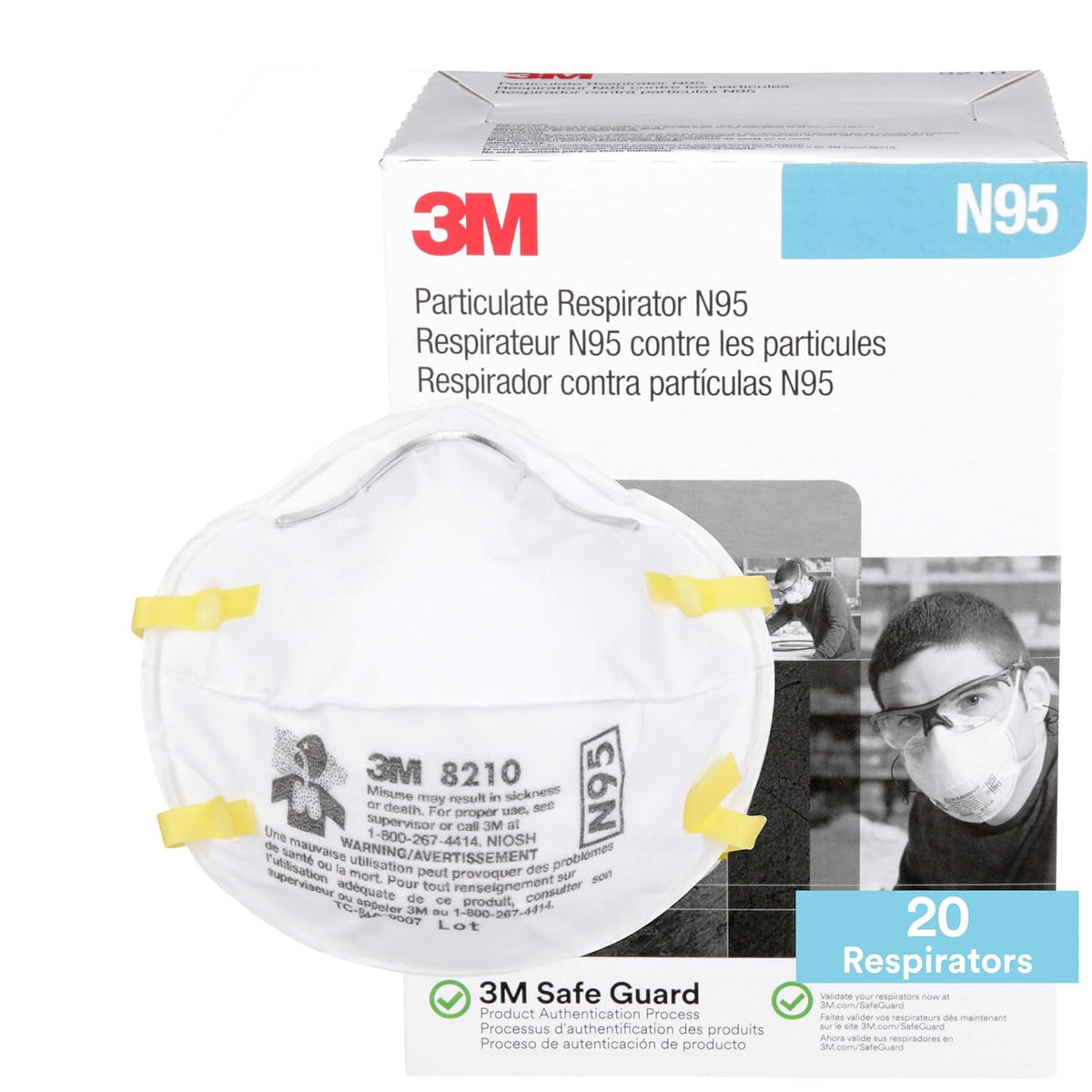 3M Particulate Disposable Respirator 8210, N95, Pack of 20, NIOSH APPROVED