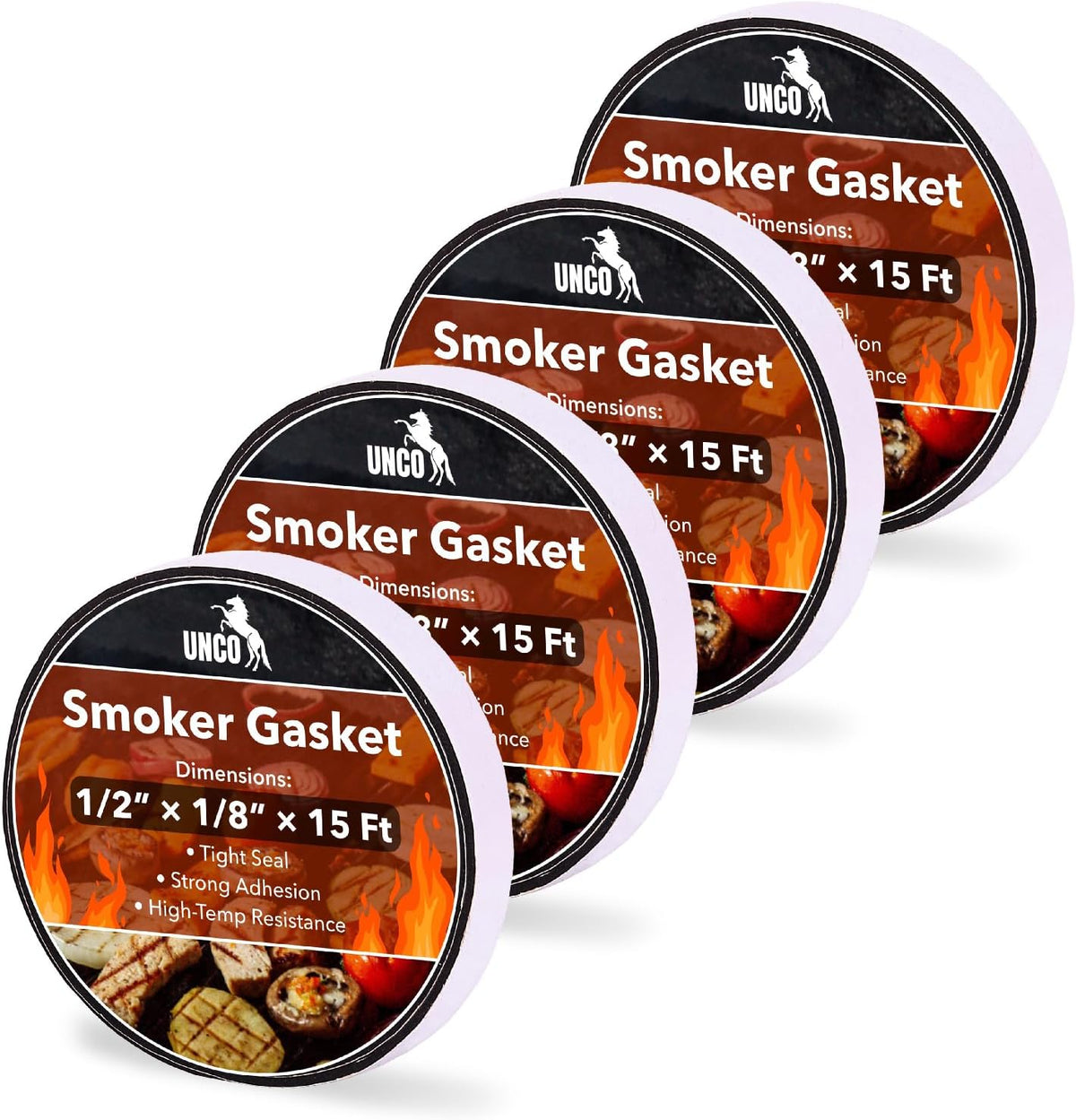 UNCO- Grill Gasket, 4 Pack, 15 ft, 1/2"x 1/8", black, Smoker Gasket Sealer High Temp