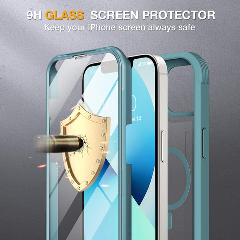 Miracase for iPhone 13 mini Case 5.4",Built-in Glass Screen Protector,Teal