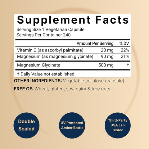 NatureBell Pure Magnesium Glycinate 500mg Per Serving, 240 Veggie Capsules