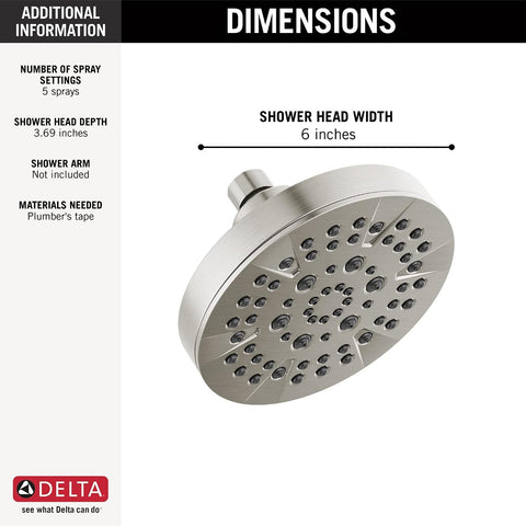 Delta 6-Setting Brushed Nickel Shower Head with High Pressure Spray, 6 Inch Round Shower Head, Showerheads, 1.75 GPM Flow Rate, Stainless 52535-SS