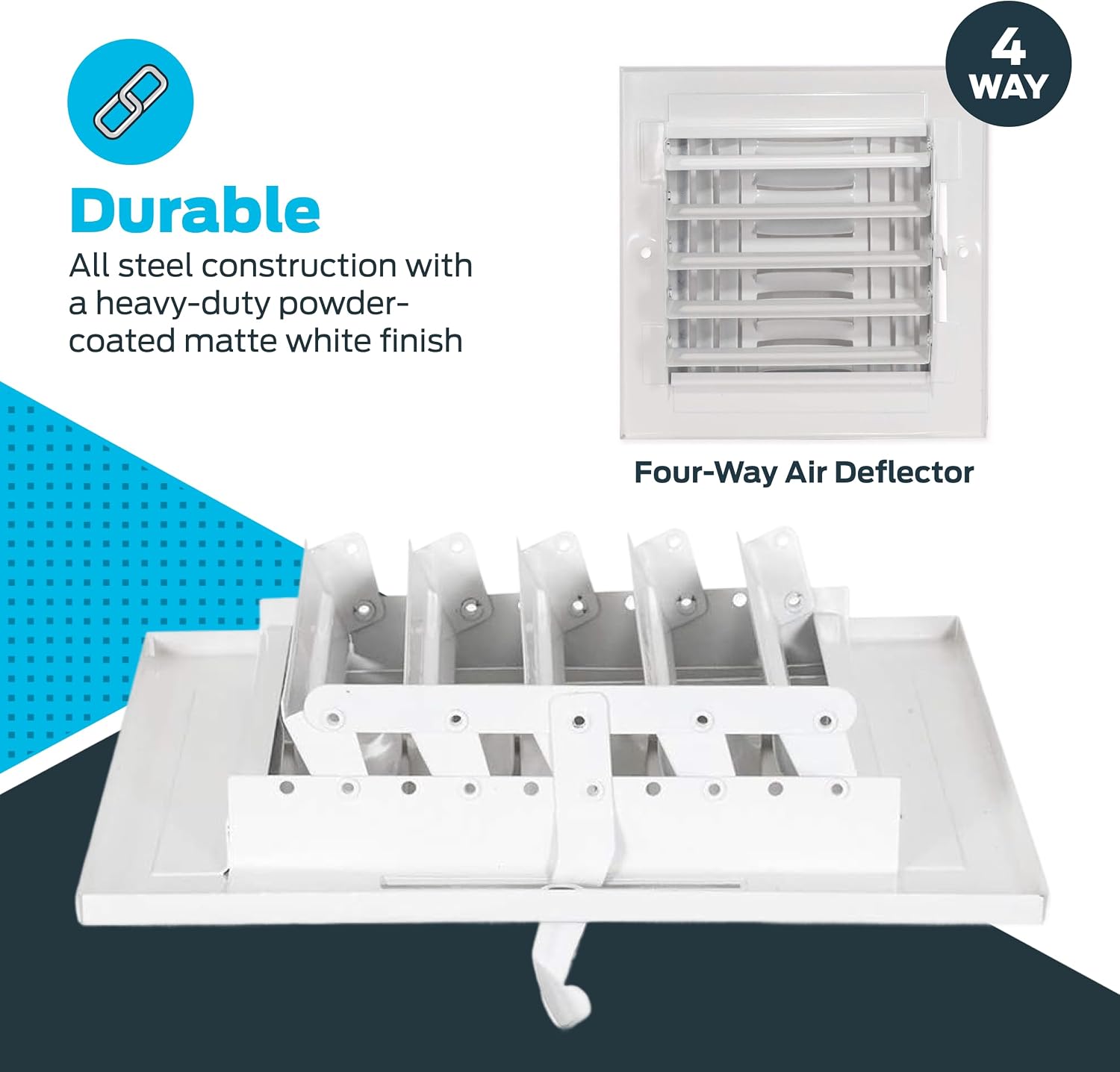 EZ-FLO 6 x 6 Inch (Duct Opening) Air Vent Cover for Wall or Ceiling, Four-Way Ventilation Register, Solid Steel HVAC Register Cover, White, 61617