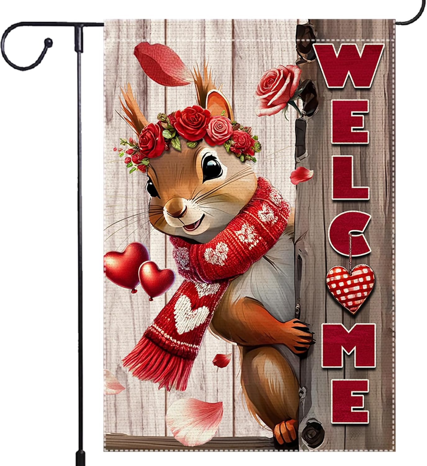 Valentine’s Day Garden Flag 12x18inch Double Sided The Squirrel Red Love Heart Rose Valentine’s Garden Flags For Home Outdoor Yard Patio Lawn Decor,Welcome Valentine Garden Outside Decorations Banner