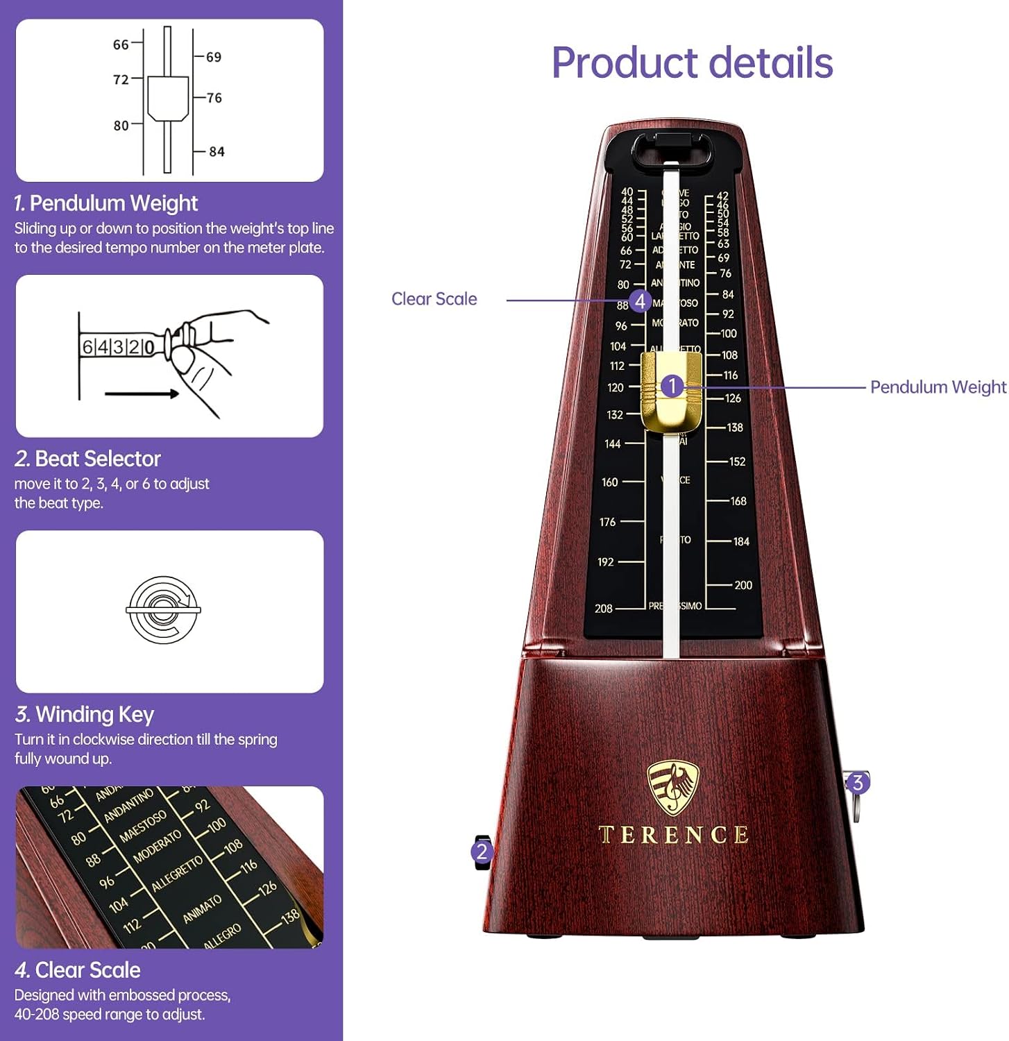 Mechanical Metronomes for Piano Guitar Violin Bass Drum and Other Musical Instruments Loud Sound and High Precision Track Beat and Tempo for Beginners (Wood Grain)