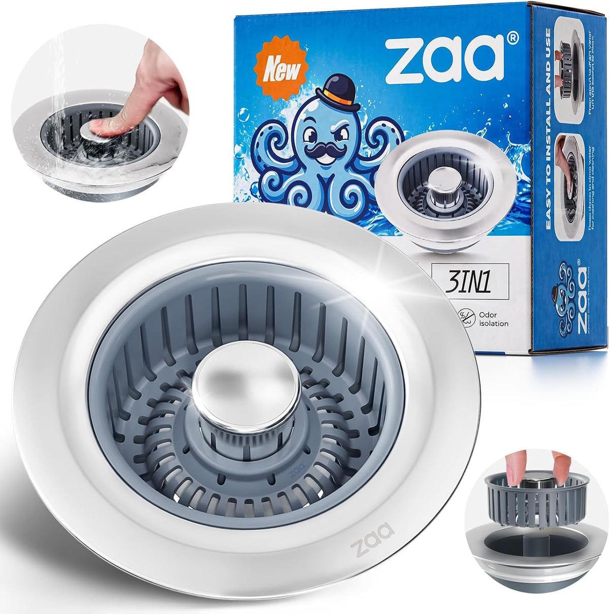zaa 3 in 1 Kitchen Sink Drain Strainer Stopper Removable Basket Pop-Up