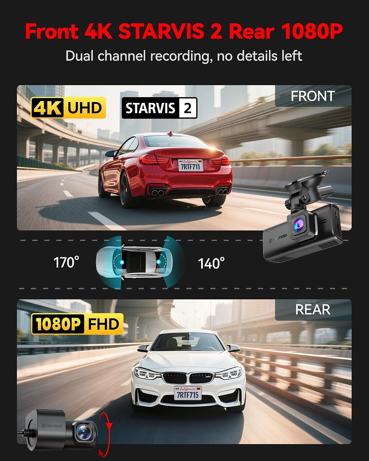 REDTIGER 4K STARVIS 2 Dashcam Front Rear, 5GHz WiFi 20MB/s, Free 128GB Card