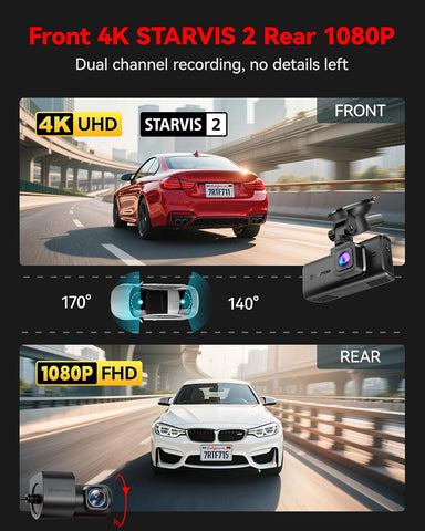 REDTIGER 4K STARVIS 2 Dashcam Front Rear, 5GHz WiFi 20MB/s, Free 128GB Card