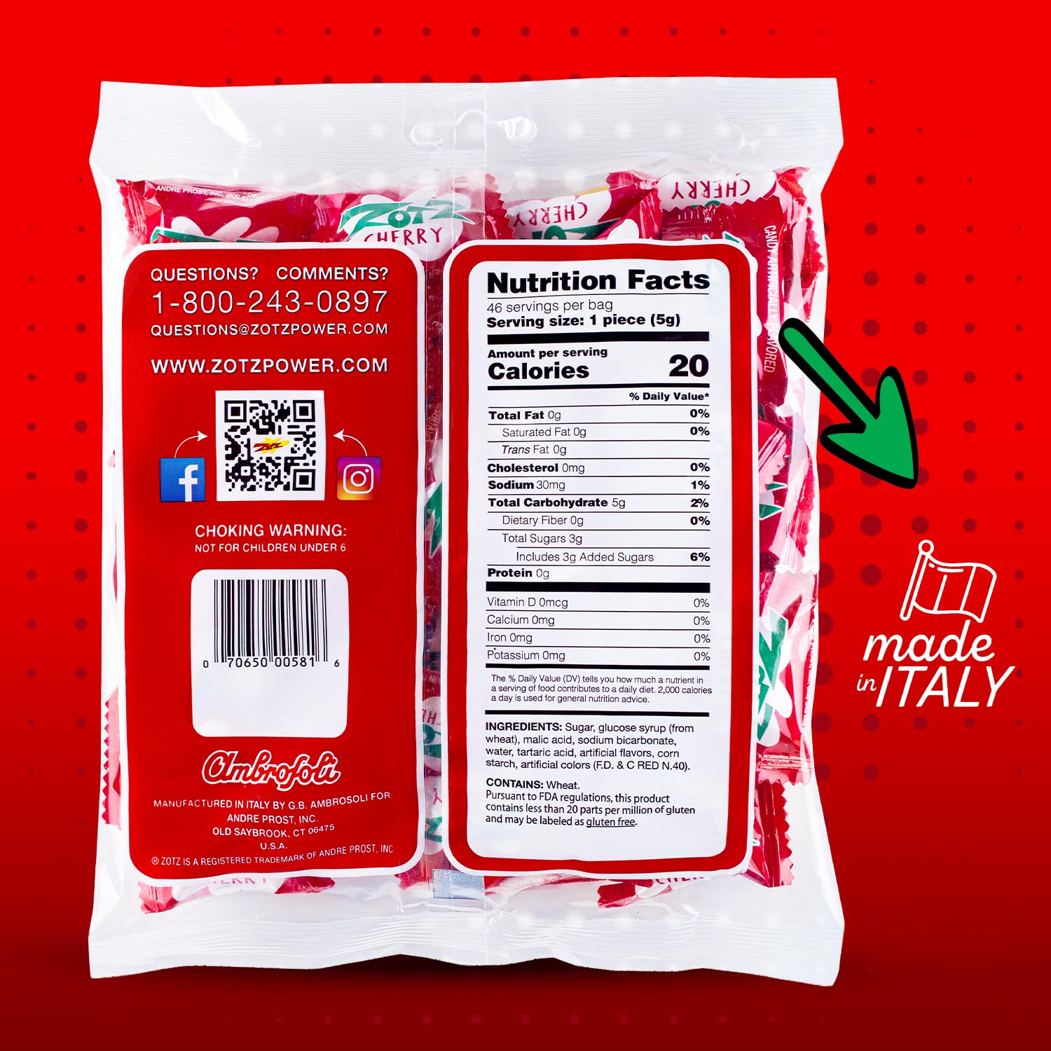 ZOTZ Fizzy Sour Candy Bulk - Retro Italian Hard Candy Individually Wrapped - Classic Nostalgic Cherry Flavor - 46 Pieces Bag for Party Favors, Goodie Bags, Piñata & Candy Buffet